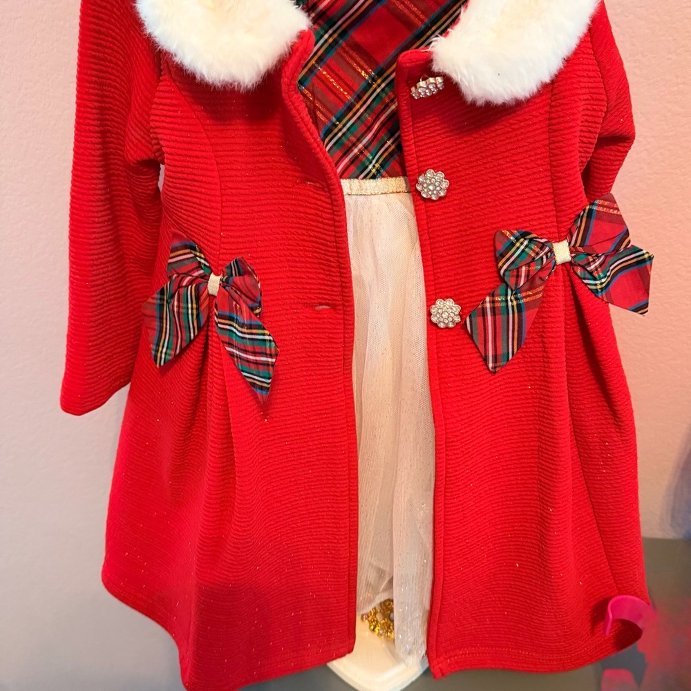 Blueberi Boulevard Red Coat with Faux Fur and Dress